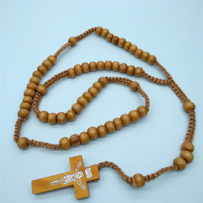 Religious Wooden Beads Cross Necklace – Handmade National Style