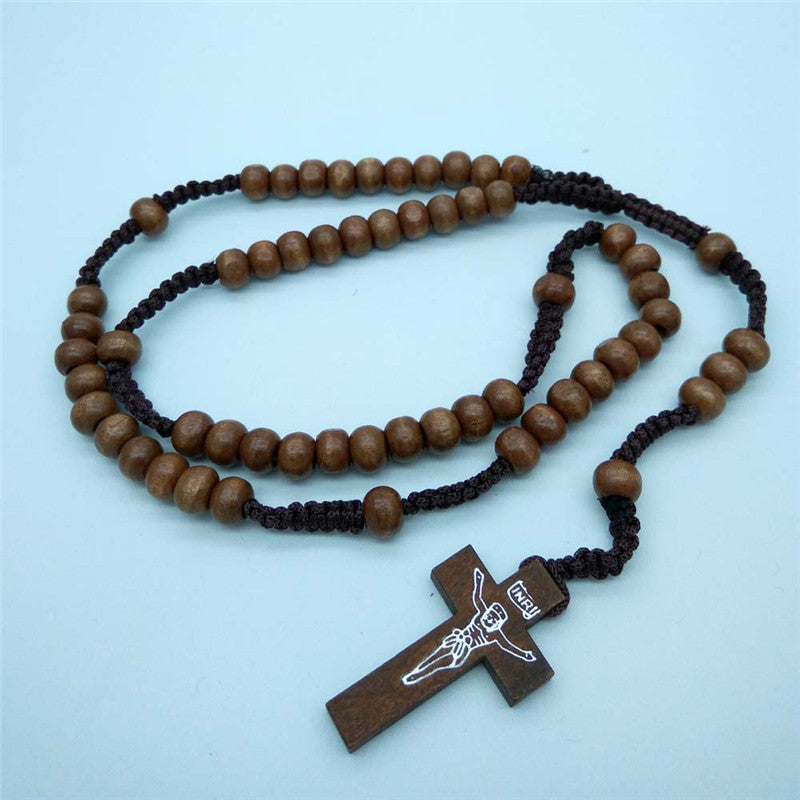 Religious Wooden Beads Cross Necklace – Handmade National Style
