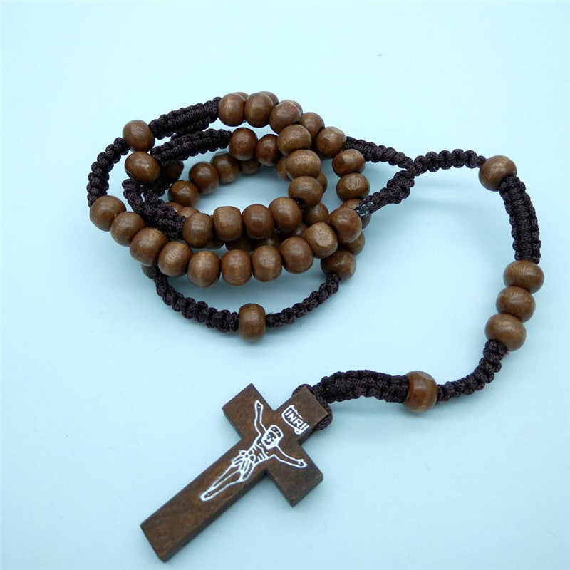 Religious Wooden Beads Cross Necklace – Handmade National Style