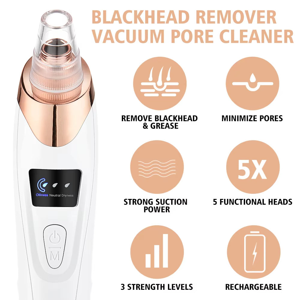 Electric Blackhead Remover Vacuum – Pore Cleaner with 5 Suction Heads & USB Rechargeable Facial Tool for Women’s Skincare