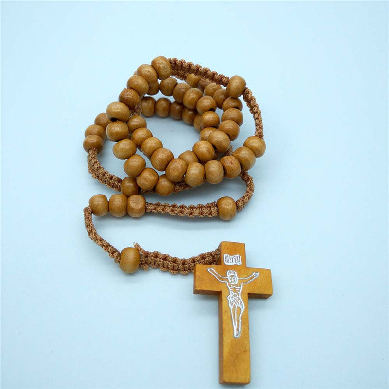 Religious Wooden Beads Cross Necklace – Handmade National Style