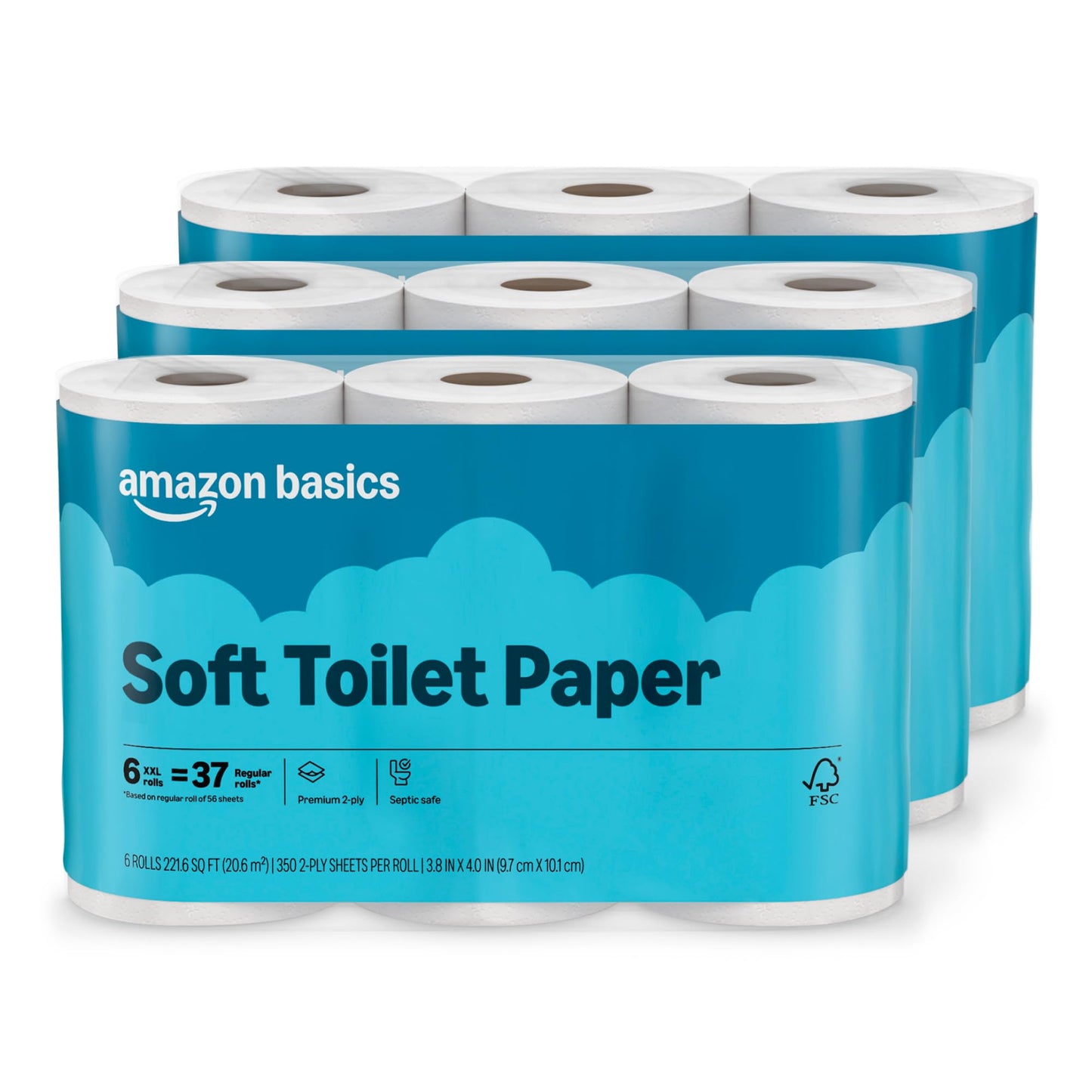 Amazon Basics 2-Ply Soft Toilet Paper, 30 Rolls (5 Packs of 6), Equivalent to 185 Regular Rolls, Packaging May Vary