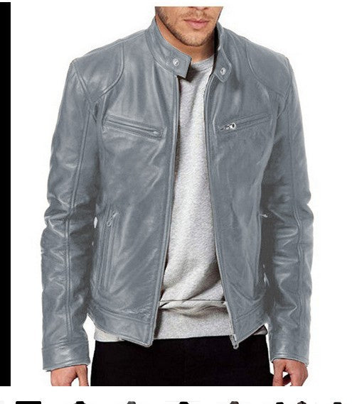 Men’s Warm Zipper Cardigan Jacket – PU Leather Pocket Decor, Cotton Blend Coat