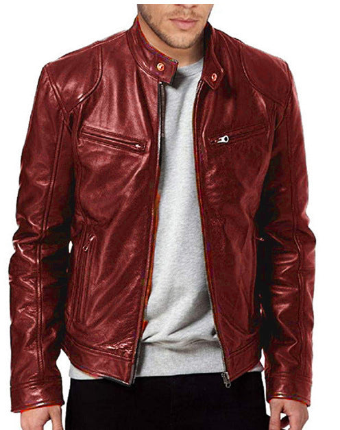 Men’s Warm Zipper Cardigan Jacket – PU Leather Pocket Decor, Cotton Blend Coat