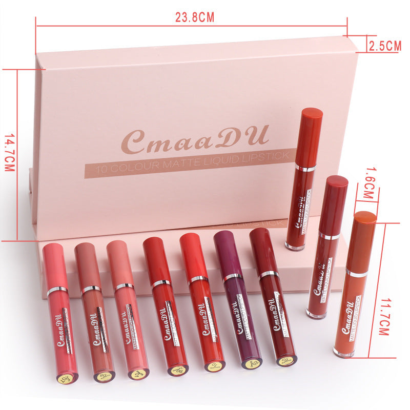 10-Piece Waterproof Matte Lipstick Set – Non-Stick, Long-Lasting, High-Pigment Lip Gloss Collection for Women
